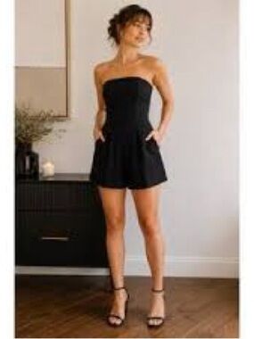 Black Halo Strapless Black Romper Dress with Pockets 987